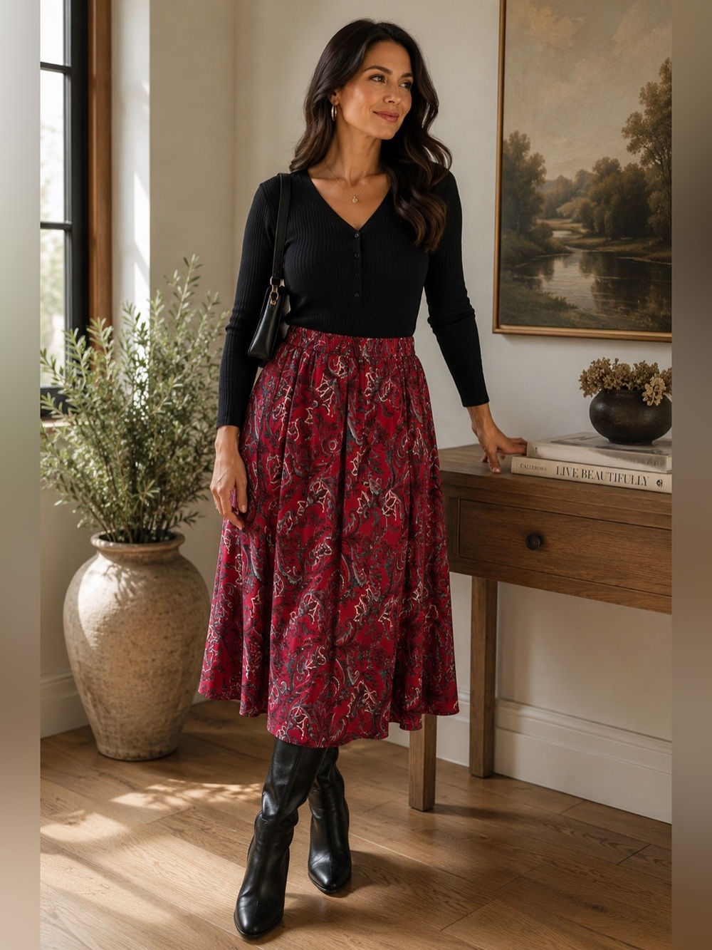 Alfred Dunner Red Paisley Midi Skirt Size 16 Boho Cottagecore Flowy